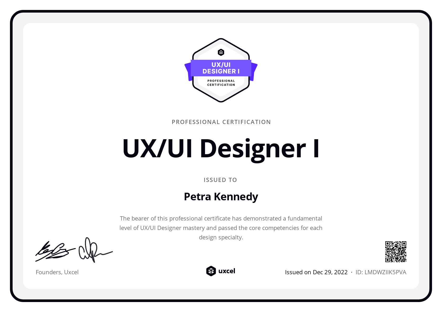 Petra Kennedy's certificate